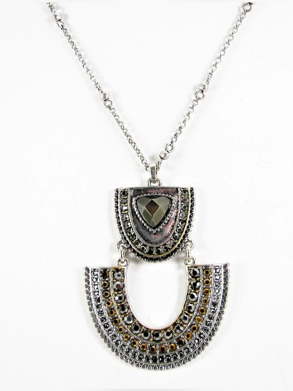 Lucky Brand Two Tone Crystal Pendant Silver Tone Necklace Long Chain Art Deco